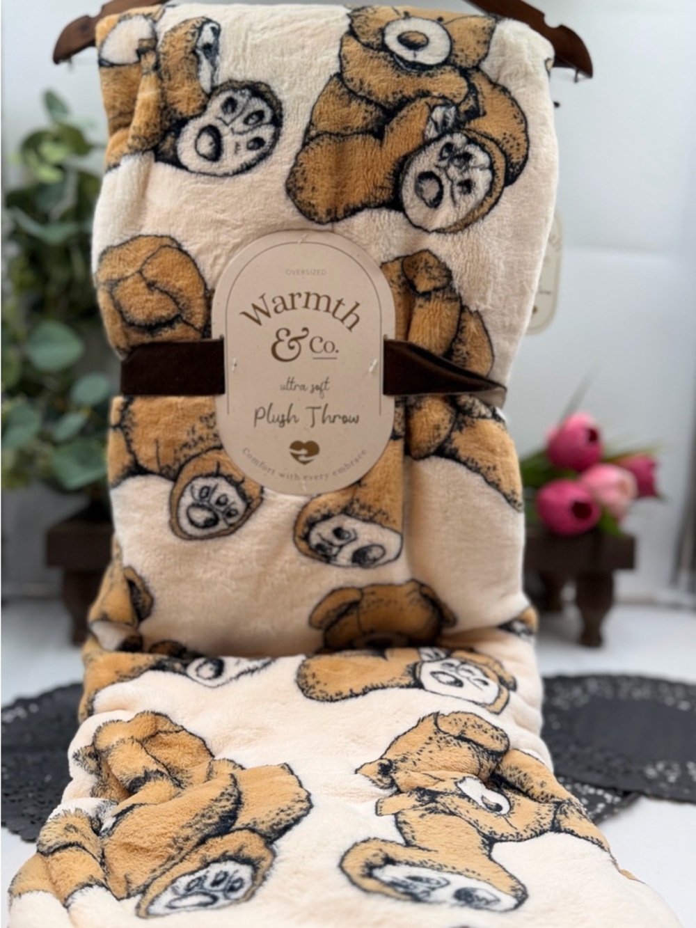 Cream and Tan Plush Throw Blanket - Ultra Soft Teddy Bear Design